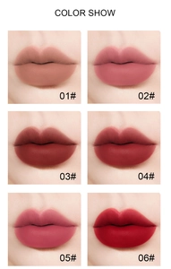 Detailed color show of six matte velvet lipstick shades on lips from nude to deep red