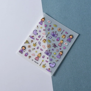 Macro shot of 5D embossed nail art stickers featuring a princess castle and unicorn