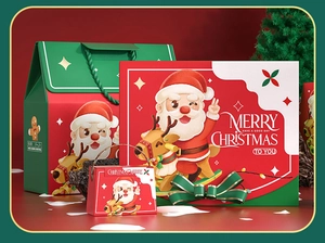 Christmas gift box and carry bag set with festive Santa and reindeer cartoon illustrations