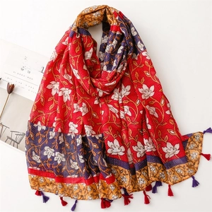 Écharpe Châle À Imprimé Floral Ethnique Femmes Voile De Polyester Léger Glands Vintage Bohème Plage Protection Solaire