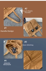 Detail view of large canvas tote bag with front pockets and reinforced stitching