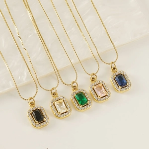 Gold-plated stainless steel square zircon pendant necklaces in five vibrant gemstone colors