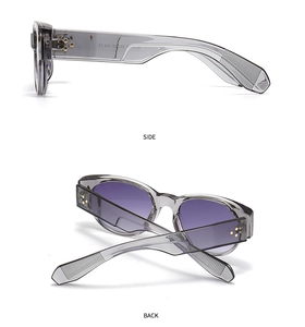 Detail view of transparent grey sunglasses with side and back angles and rivets