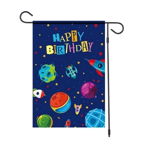 Space-themed happy birthday garden flag set with solar system planets and metal stand