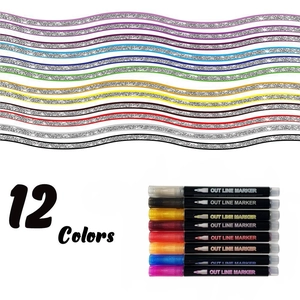 Detail of 12 colors double line outline markers showing metallic silver and colored edges