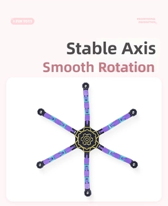Detail view of the mechanical fidget spinner with purple and cyan articulated joints