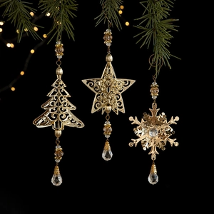 Christmas Tree Hanging Ornaments Hollow Metal Iron Snowflake Star Bell With Faux Crystal Pendant Elegant Holiday Home Decor
