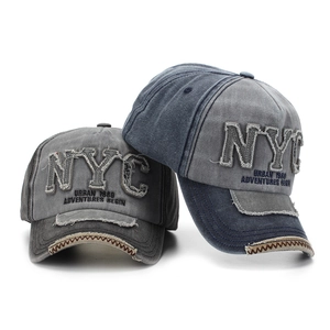 Vintage NYC embroidered baseball cap with distressed brim in charcoal and navy colors