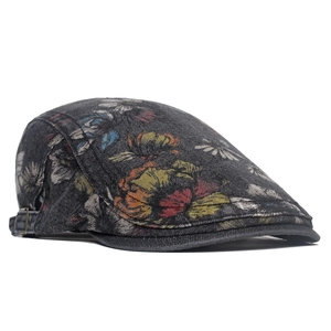 Washed denim flat cap featuring vintage peony flower prints and bronze metal buckle