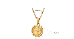 Detailed close-up of Queen Elizabeth relief coin pendant on golden chain necklace