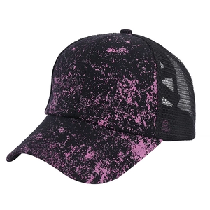 Women's outdoor baseball cap in black and pink splatter print with mesh back panels