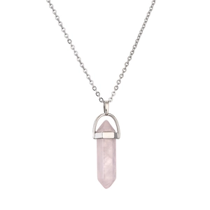 Polished silver chain necklace with a hexagonal pink crystal pendant on white background