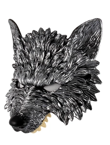 Close-up of realistic wolf mask with silver hair texture and yellow fangs for Halloween