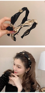 Detail of camellia fabric headbands with golden flower buttons and model wearing the black style