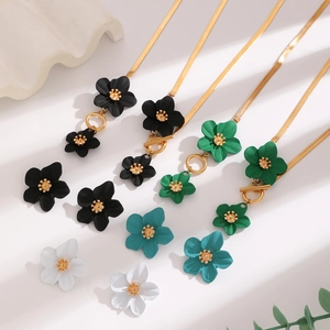 Floral jewelry set featuring colorful painted flower pendants and gold necklaces