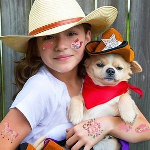 Pink cowgirl temporary tattoos for girls featuring horses flowers and cowboy hats