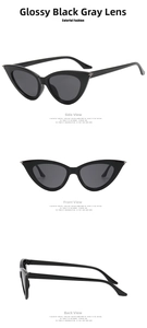Three-angle view of glossy black cat-eye sunglasses with classic grey lenses