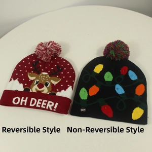 Détails des bonnets de Noël à LED avec motif de renne et interrupteur d'éclairage