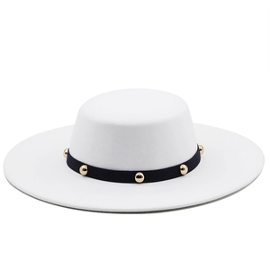 Retro flat top wool felt hat in ivory with black ribbon and golden rivet details