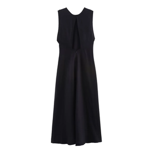 Elegant black sleeveless midi linen dress featuring a stylish vertical cutout on the back