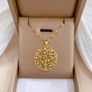 Tree Of Life Pendant Necklace Stainless Steel Chain Copper Zircon Round Hollow Elegant Jewelry For Women Gold Plated