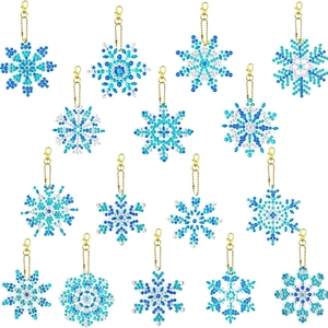 Set of 15 DIY snowflake diamond keychain kits with blue crystals and gold lobster clasps