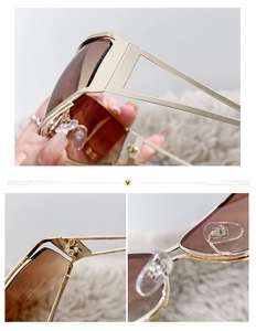 Detail of Y2K hollow gold metal frame and brown lenses with macro hinge and nose pad views