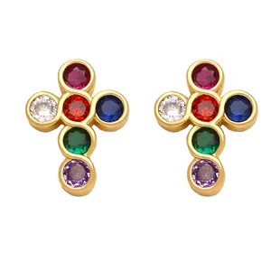 Gold-tone cross stud earrings set with vibrant multi-color round cubic zirconia stones