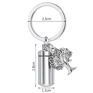 Silver stainless steel urn keychain with tree of life charm and product dimensions