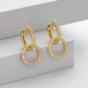 Elegant gold S925 sterling silver hoop earrings with cubic zirconia stones and double circles