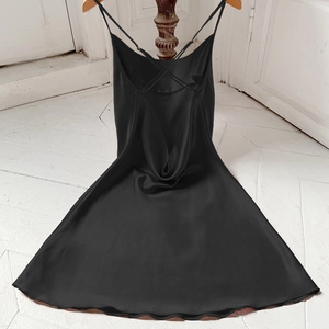 Elegant black silk satin slip dress with adjustable cross back straps and glossy finish