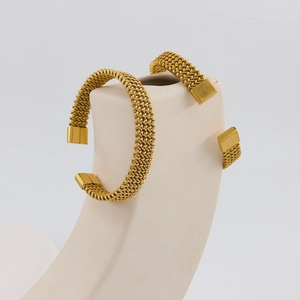 Chic 18K gold plated stainless steel mesh woven open bangle bracelet for elegant women