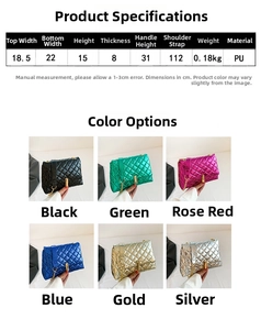 Size chart and color display for quilted crossbody bag with golden chain and lock