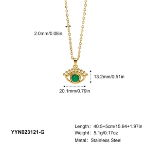 Detailed size chart of gold evil eye pendant necklace in stainless steel with green bead