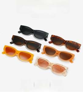 Detail view of cat eye sunglasses in six trendy colors with polished frames and waterproof lenses