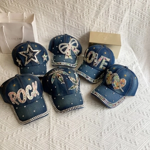 Denim baseball caps for men and women with rhinestones, heart, star and love patterns