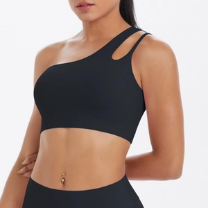 Close-up of black one-shoulder sports bra featuring cutout strap and elastic band detail