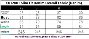 Size chart for slim denim bodysuit showing XS to L measurements in cm and weight details