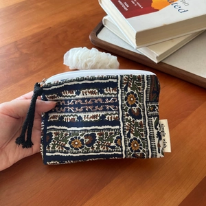 Ethnic bohemian style linen mini coin purse with black tassel and floral pattern