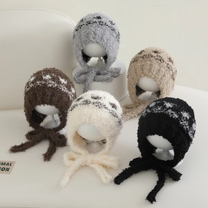 Kids Ear Protection Hat Plush Knitted Warm Windproof Winter Outdoor Ethnic Jacquard Lace Up Beanie For Boys And Girls