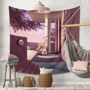 Detail of vaporwave tropical tapestry with pink palm trees and geometric pillars on white wall