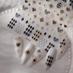 5D Embossed Nail Stickers Self Adhesive Waterproof Gold Stamping Rhombus Checkerboard Heart Star Moon Manicure Decals