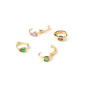 Gold huggie hoop earrings set with round and pear-shaped green and purple zircon stones