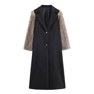 Women Long Overcoat Faux Fur Patchwork Sleeves Lapel Metal Buttons Contrast Color Streetwear Fashion Jacket
