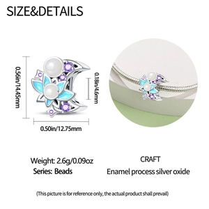 Detailed view of silver lotus and moon charm bead with precise size and weight dimensions