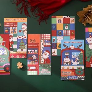 Festive Christmas gift bags and cards with cartoon illustrations on dark green background
