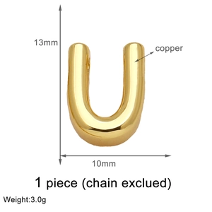 Macro detail of 13mm gold-plated copper U-shape letter pendant with specs measurement