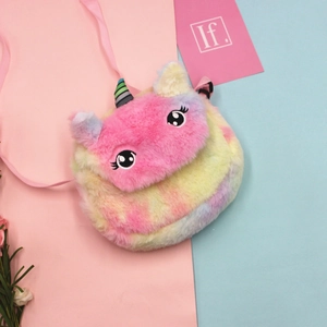 Detailed close-up of colorful tie-dye unicorn plush crossbody bag for young girls