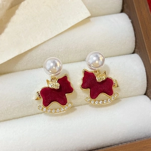 Red velvet rocking horse pearl earrings with gold-plated sterling silver needles