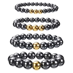 Men Beaded Bracelet Hematite Stainless Steel Elastic Hip Hop Style Waterproof Minimalist Jewelry Accessory